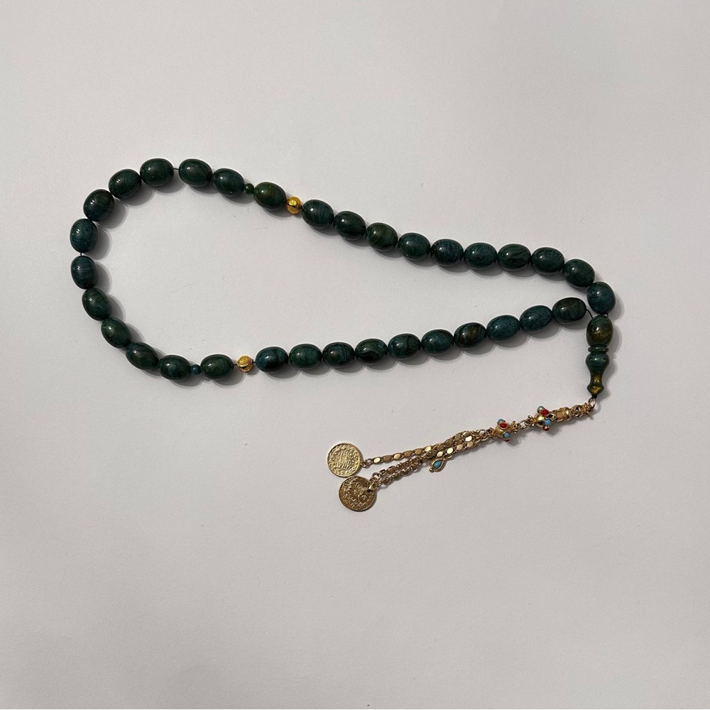Green Beaded Necklace with Gold Accents
